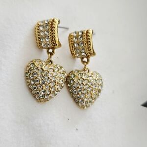 Gold Heart Dangle Earrings with Crystals
